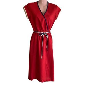 Vtg 1970s Dress Women's Small Red Linen Faux Wrap Button Skirt Belted Office